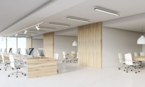 Office of call center with rows of computers and conference rooms. Concept of office work. 3d rendering, mock up